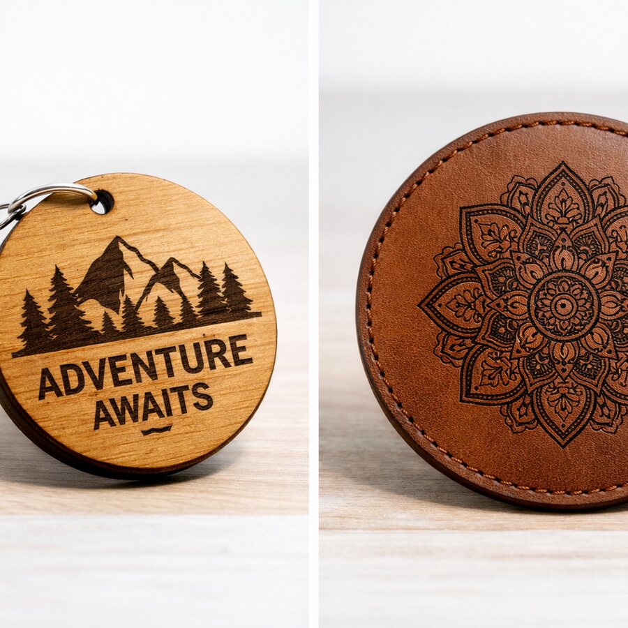 Round wood and leather-style tag engraving inspiration