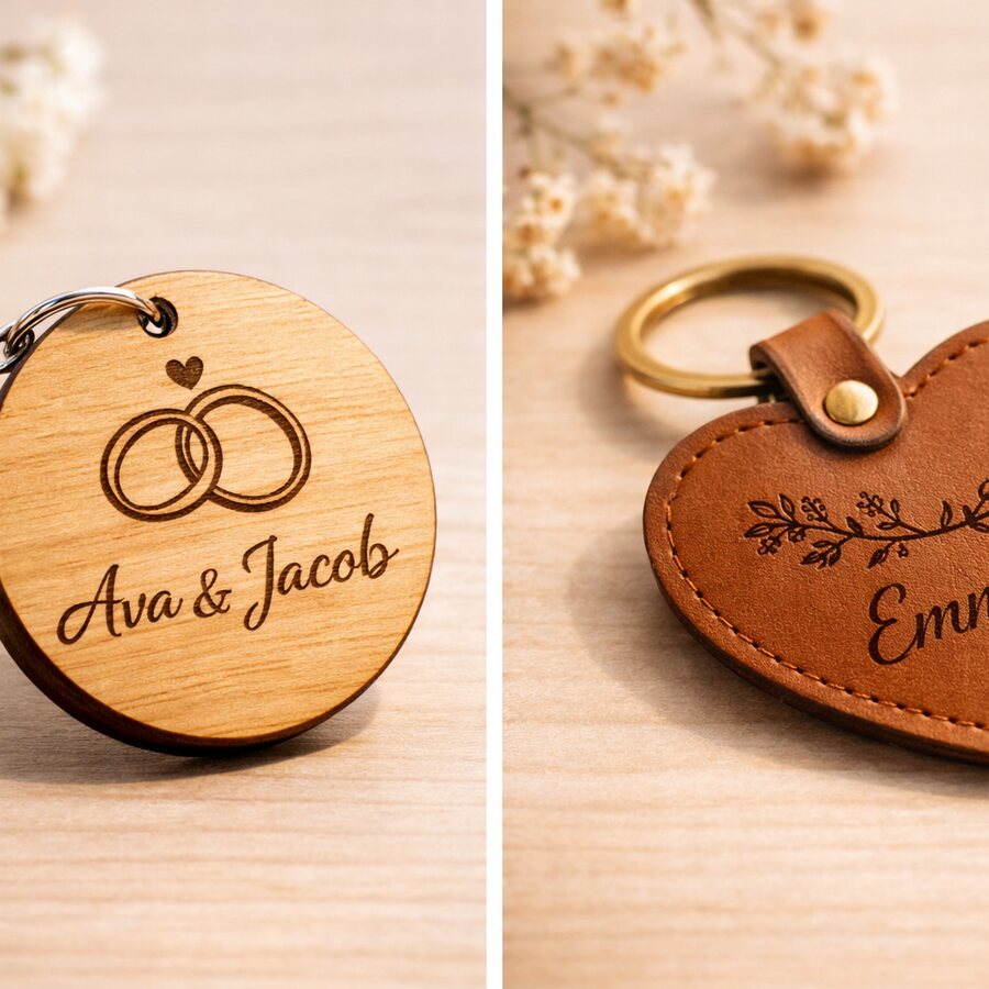 Personalized wood and leather-style keychain engraving inspiration