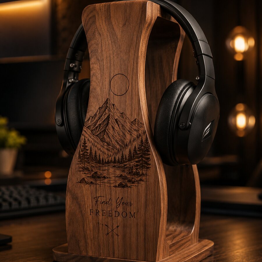 Engraved wooden headphone stand inspiration