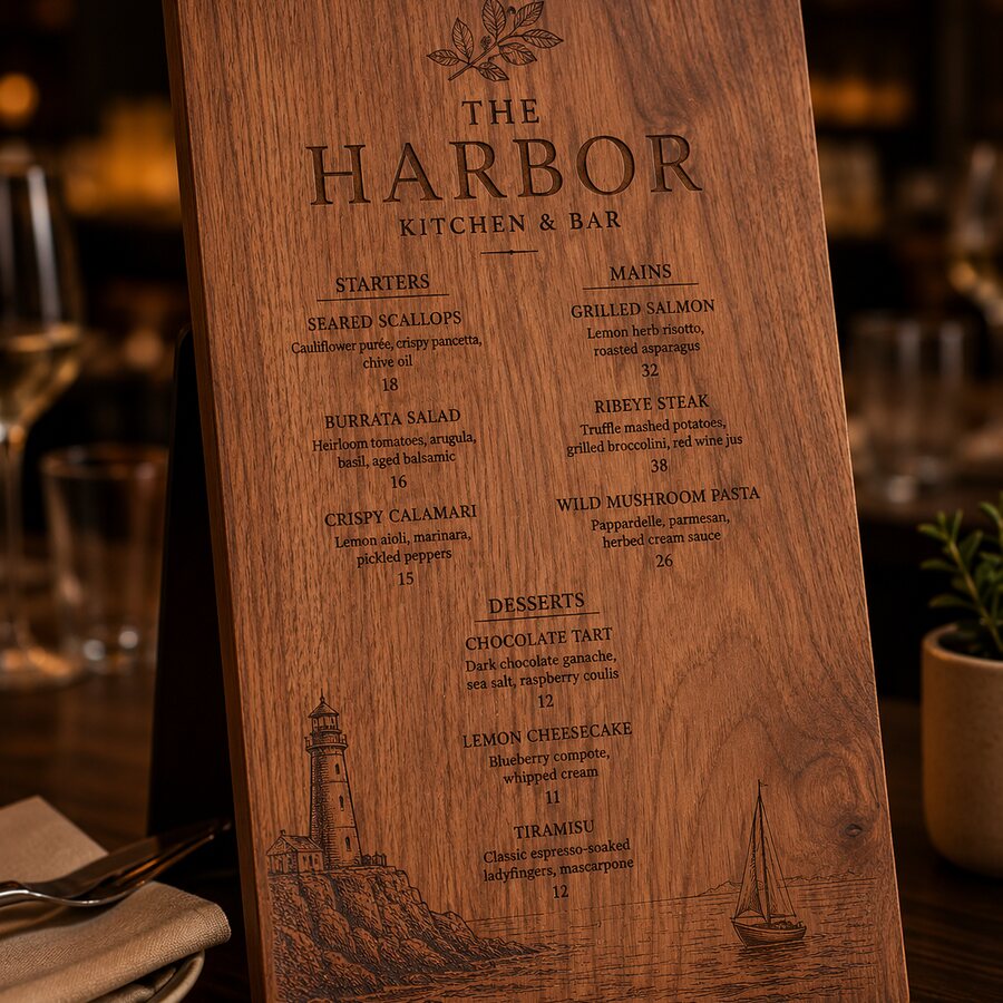 Engraved wooden menu board inspiration