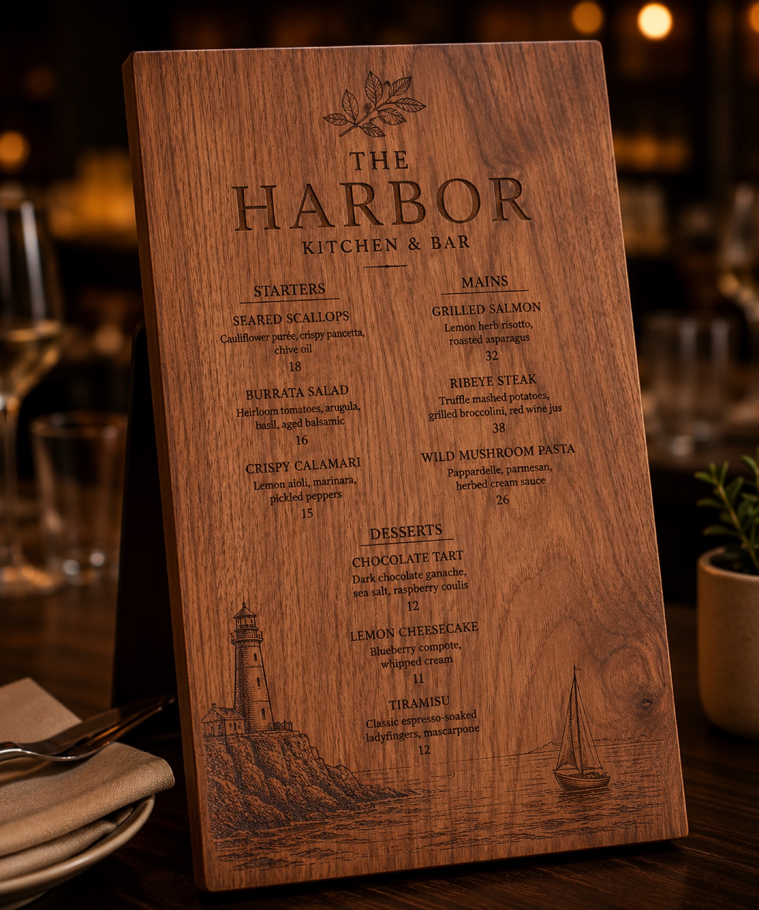 Wood menu board engraving inspiration