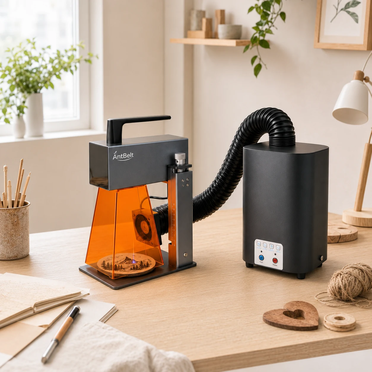 AntBelt G1 desktop engraving setup with extraction unit